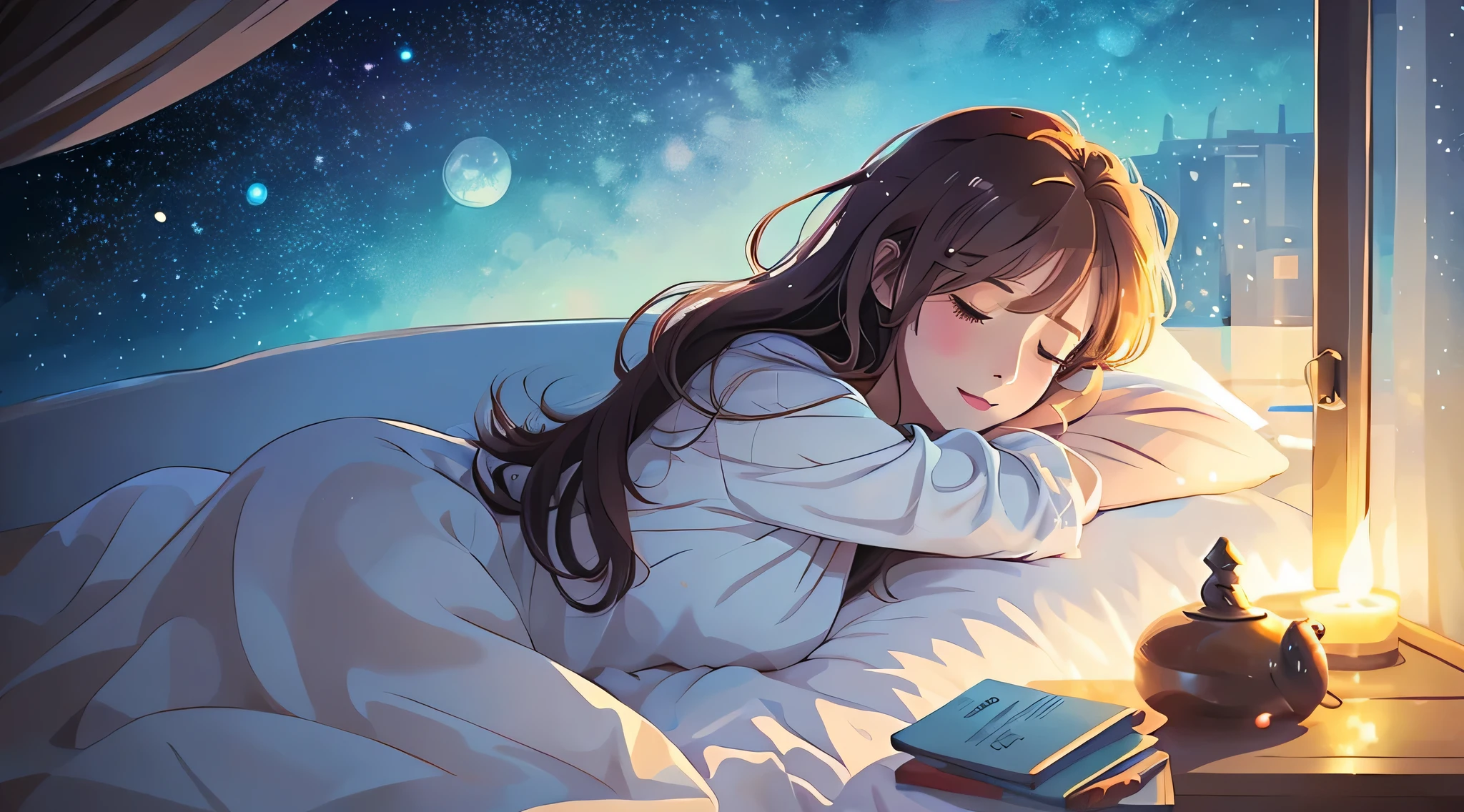 Starry Sky,A beautiful anime character-like woman is napping alone。profile。Warm image。In the style of illustrations。
