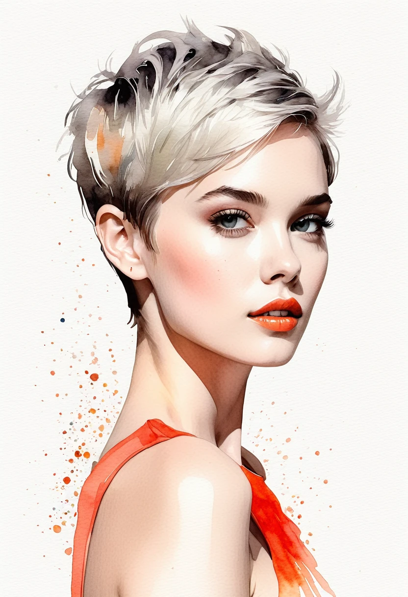 chica de pelo corto pixie arte moderno, minimalismo, contemporary elegance, dreamcore, moda elegante , fusion of watercolor and digital illustration, colores limpios, minimalistas y vibrantes
