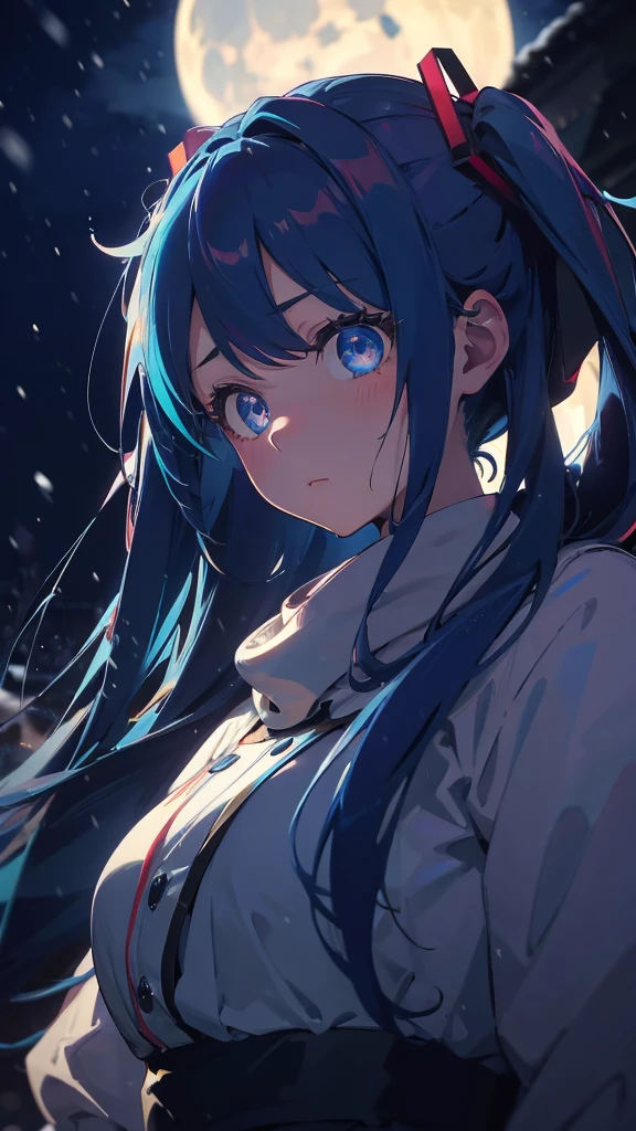 (masterpiece、highest quality)、1 girl ,Grim expression、hatsunemiku,Warm lighting、 Blurred foreground、night、High Contrast、Twin tails,blue gem eyes,Blue Hair,night,snowing,Heavy snowfall,winter,Alone in the vast snowy field,whole body,curse,Looking at me,Huge construction,moon,whole body,shine,bright,Sad expression,whole body,sad face