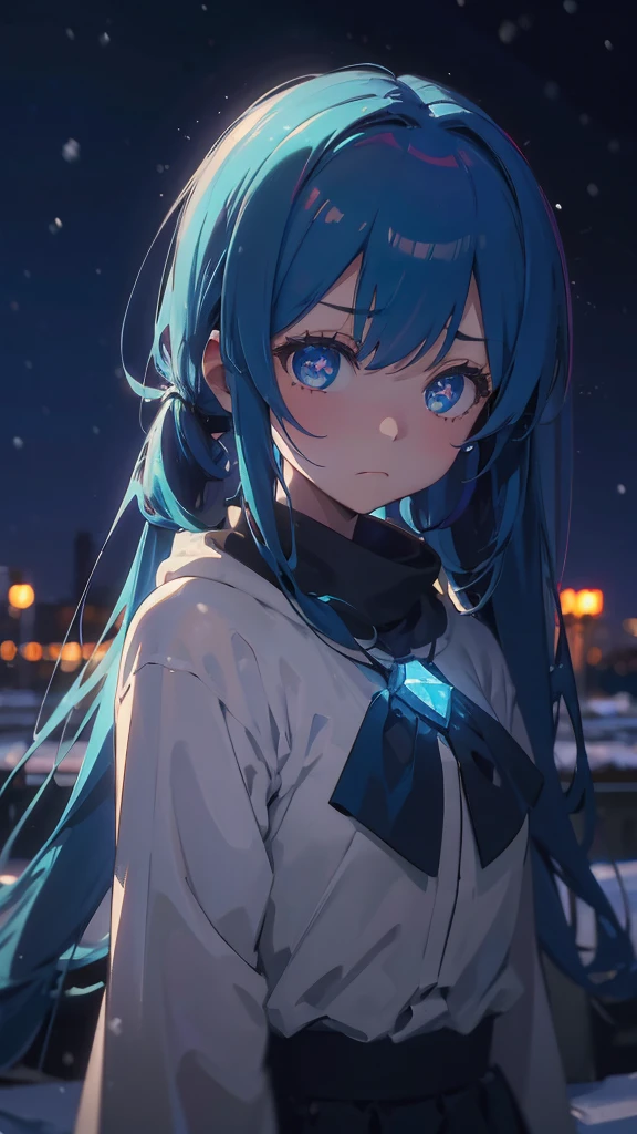 (masterpiece、highest quality)、1 girl ,Grim expression、hatsunemiku,Warm lighting、 Blurred foreground、night、High Contrast、Twin tails,blue gem eyes,Blue Hair,night,snowing,Heavy snowfall,winter,Alone in the vast snowy field,whole body,curse,Looking at me,Huge construction,moon,whole body,shine,bright,Sad expression,whole body,sad face