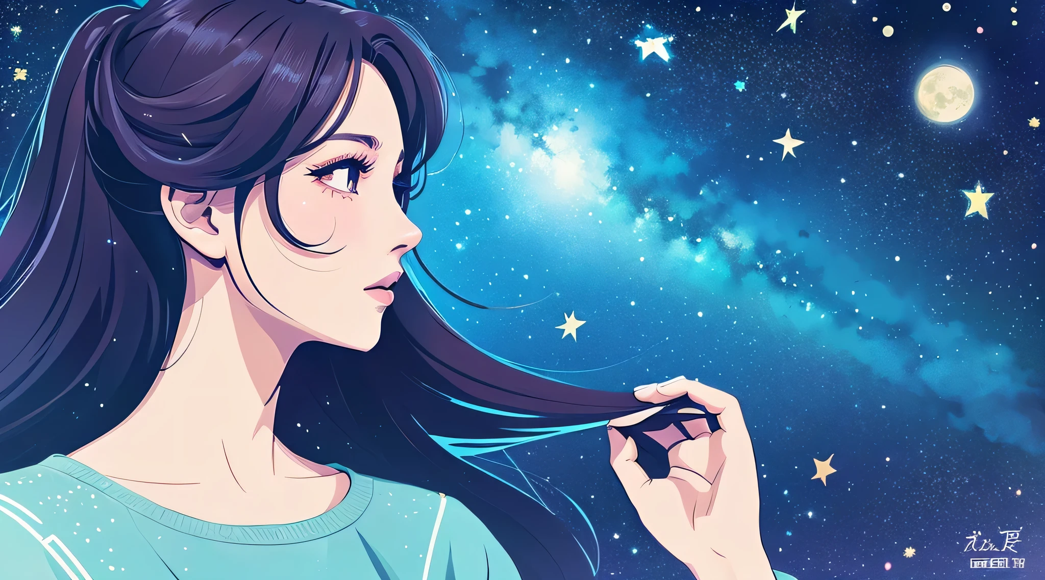 Starry Sky,A beautiful anime character-like woman。profile。Small people。In the style of illustrations。