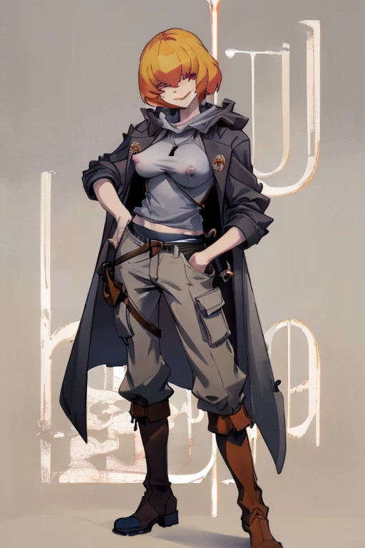 ((highest quality)), ((masterpiece)), (be familiar with),Clementine,Overload,{{nsfw}},Sleeveless hoodie,Grey Shirt,cargo pants,Bewitching Smile,whole body,boots,Long coat,Erect nipples