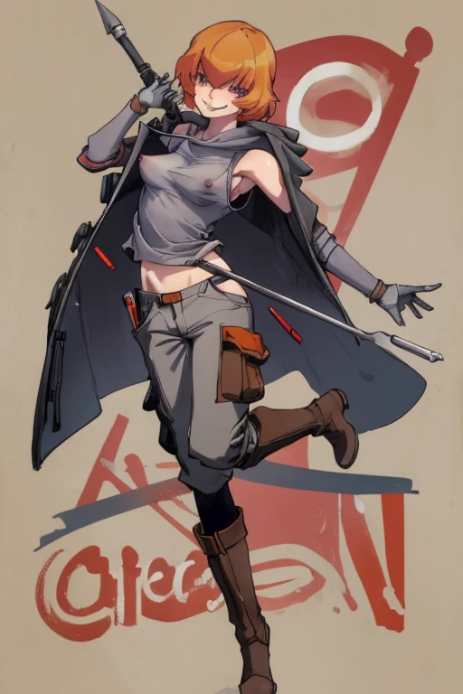 ((highest quality)), ((masterpiece)), (be familiar with),Clementine,Overload,{{nsfw}},Sleeveless hoodie,Grey Shirt,cargo pants,Bewitching Smile,whole body,boots,Long coat,Erect nipples
