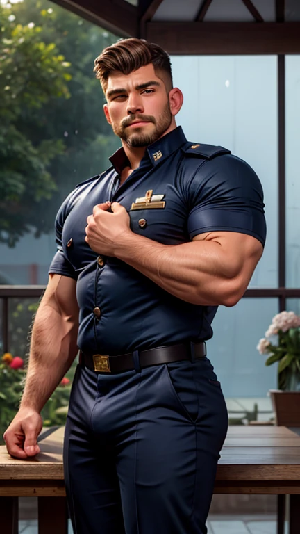 20-year-old boy ,Korean male officer ,Thin mustache...,handsome ,Navy blue short-sleeved shirt........., Navy trousers, Black boots and navy gloves.,Lie on the table...... , His legs spread apart..........................., Police Logo ,tight breasts ,Muscle Man , ((The arm muscles are very large..............)) ,large  , Wide shoulders ,open legs ,Hold the bulge firmly with both hands.......................................... ,Large long bulge pointing upwards.................................. ,Sexually suggestive, (Dynamic Poses:1.1) , thights , (Embossed Focus:1.2),On your knees...................., ,It's raining ,Broken pool , Best qualtiy , Wide lens ,deep depth of field ,Bokeh background art by Tom of finland, gaston bussiere, Alphonse Mucha, William-Adolphe Bouguereau