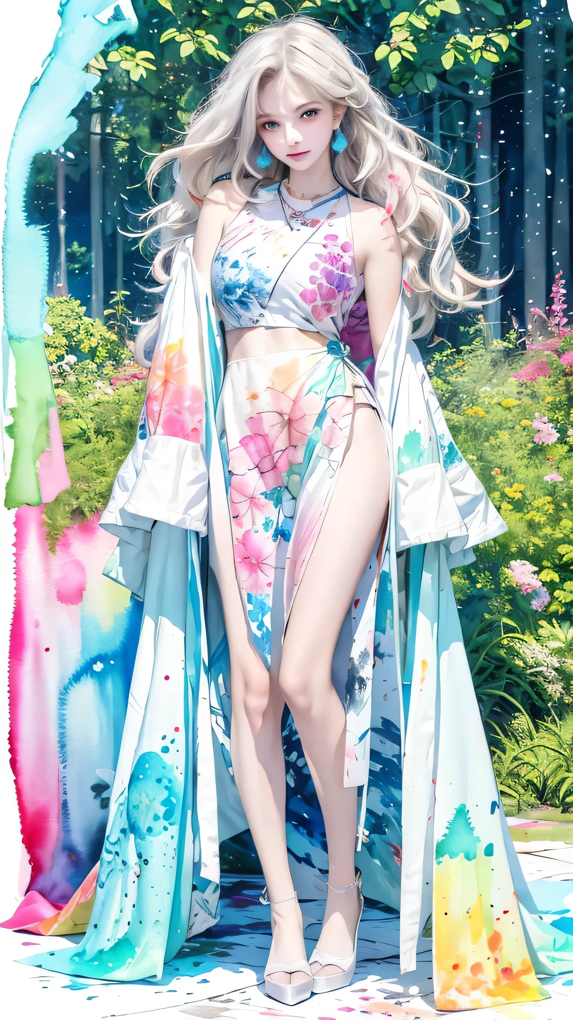 (highest quality), (masterpiece: 1.2), (colorful: 0.9), ((ink splash)), (color splashing), (((watercolor)))), clear focus, model shot, full body,
(Summer Portrait Goddess: 1.5), cute look, elegant white colored hair, beautiful detailed face and eyes, elegant goddess clothes, ((Summer forest background)),
Colored Water, Forest,(((watercolor))))