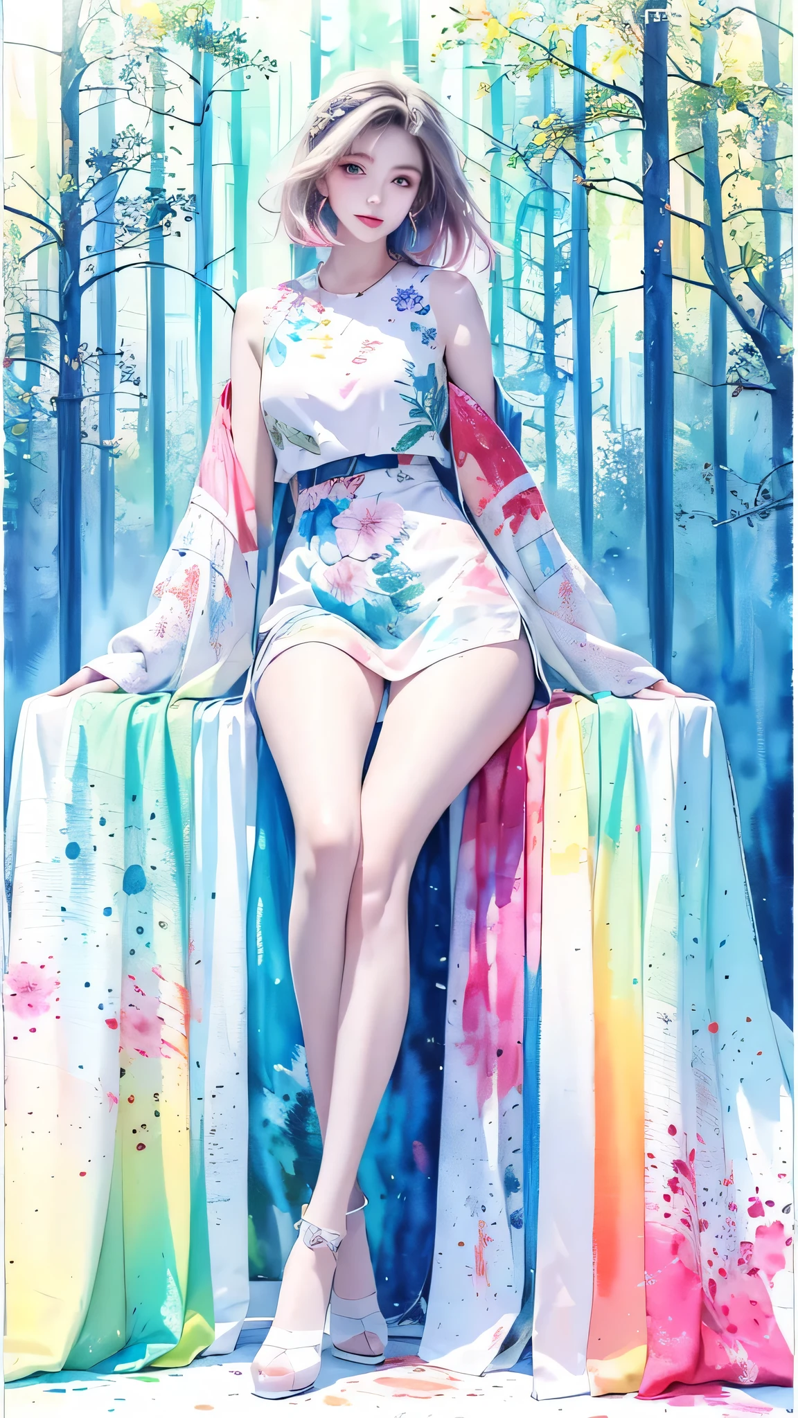 (highest quality), (masterpiece: 1.2), (colorful: 0.9), ((ink splash)), (color splashing), (((watercolor)))), clear focus, model shot, full body,
(Summer Portrait Goddess: 1.5), cute look, elegant white colored hair, beautiful detailed face and eyes, elegant goddess clothes, ((Summer forest background)),
Colored Water, Forest,(((watercolor))))