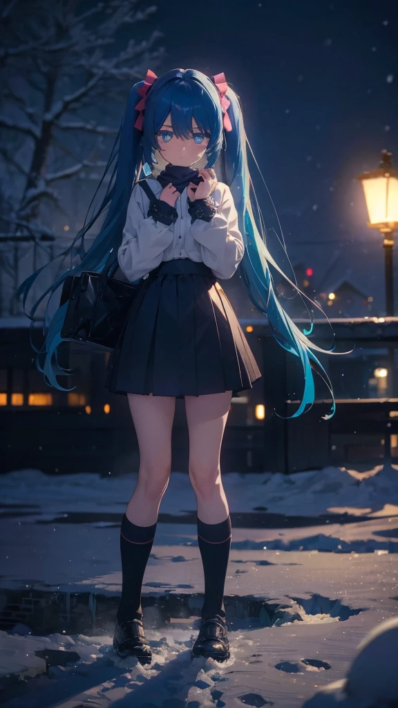 (masterpiece、highest quality)、1 girl ,Grim expression、hatsunemiku,Warm lighting、 Blurred foreground、night、High Contrast、Twin tails,blue gem eyes,Blue Hair,night,snowing,Heavy snowfall,winter,Alone in the vast snowy field,whole body,curse,Looking at me,Huge construction,moon,whole body,shine,bright,Sad expression,whole body,sad face,legs