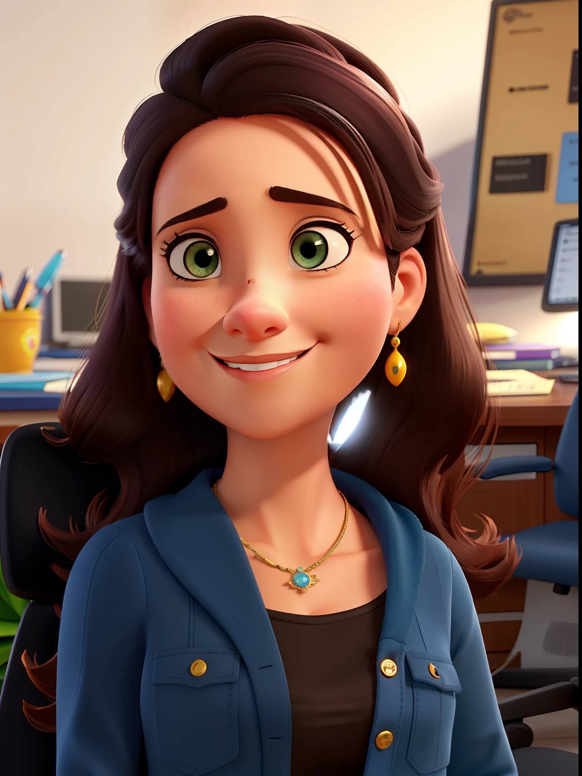 uma mulher no escritorio sentada na mesa estilo disney pixar olho castanho claro, alta qualidade, melhor qualidade
