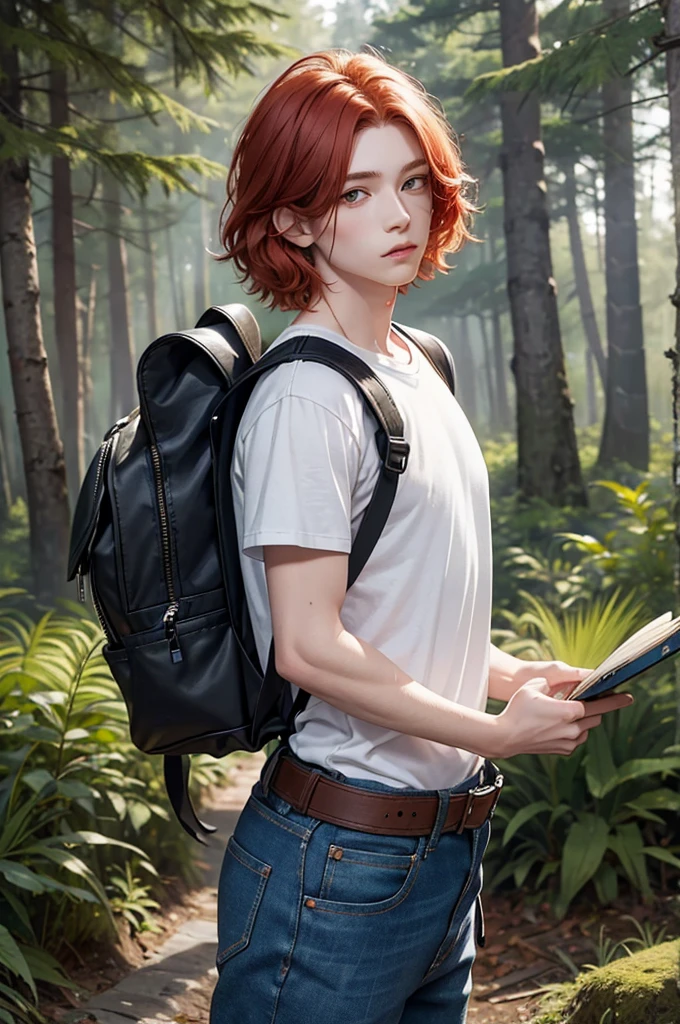 Young redheaded boy, short wavy hair, effeminate face, in the forest, drawing in a notebook, backpack and raccoon tail attached to his belt, modern clothing, torn denim pants, cute t-shirt, flower, light, sun, detailed face, detailed hair, detailed eyes.