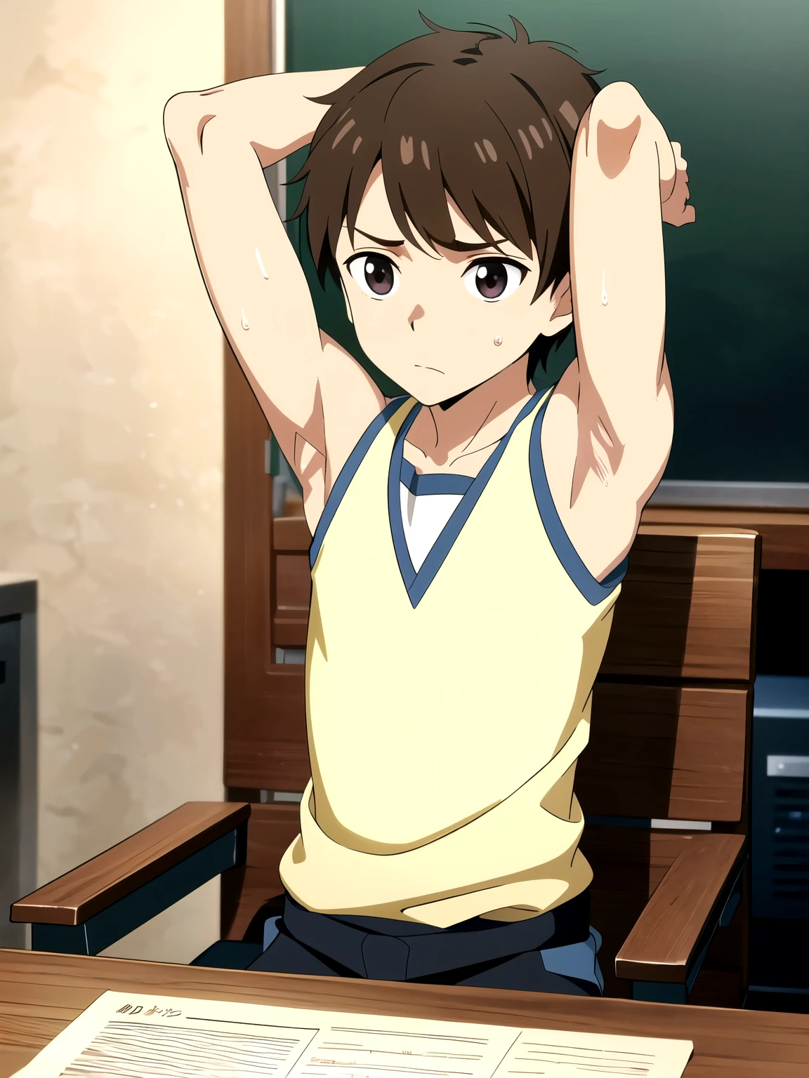Highres, Masterpiece, Best quality at best,Best Quality,hight quality, hight detailed, 1boy, Brown hair, messy hair, (Side bangs), Shota, Sweat, Sleeveless jacket, upper body, Depth of field, Anime Screencap Style, thin line, Seen from front, Sitting on the chair, Show abs, Cute boy, (Showing armpit:1.3), (very small and short stature), (very young boy), 12-year-old boys, Blurry beckground