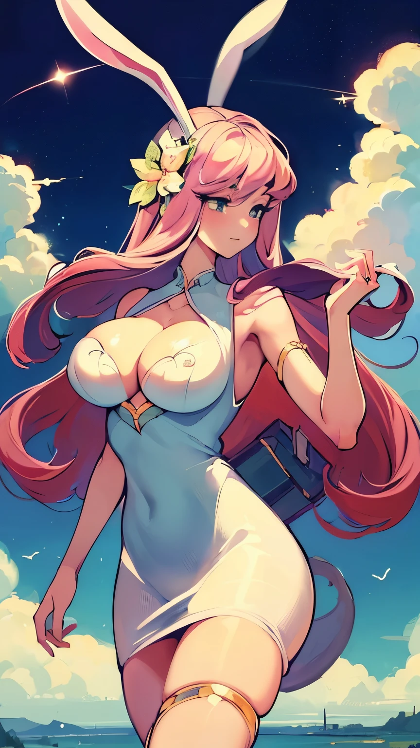 ((masterpiece,best quality)), Lyca_AFK, ((bunny ears)), A seductive look, solo, Star Dress, ((a transparent dress)), ((lies on the clouds)), ((Large shapes, big breasts)), many stars, Night light, Sexy, excited, Hentai art , attractive pose, big breasts, dynamic pose, epic art, fantasy, 8k, hd wallpaper, high quality, intricate, elegant, highly detailed, digital painting, artstation, clear focus, illustration, poster, postcard, hentai magazine cower style, ((right anatomy))