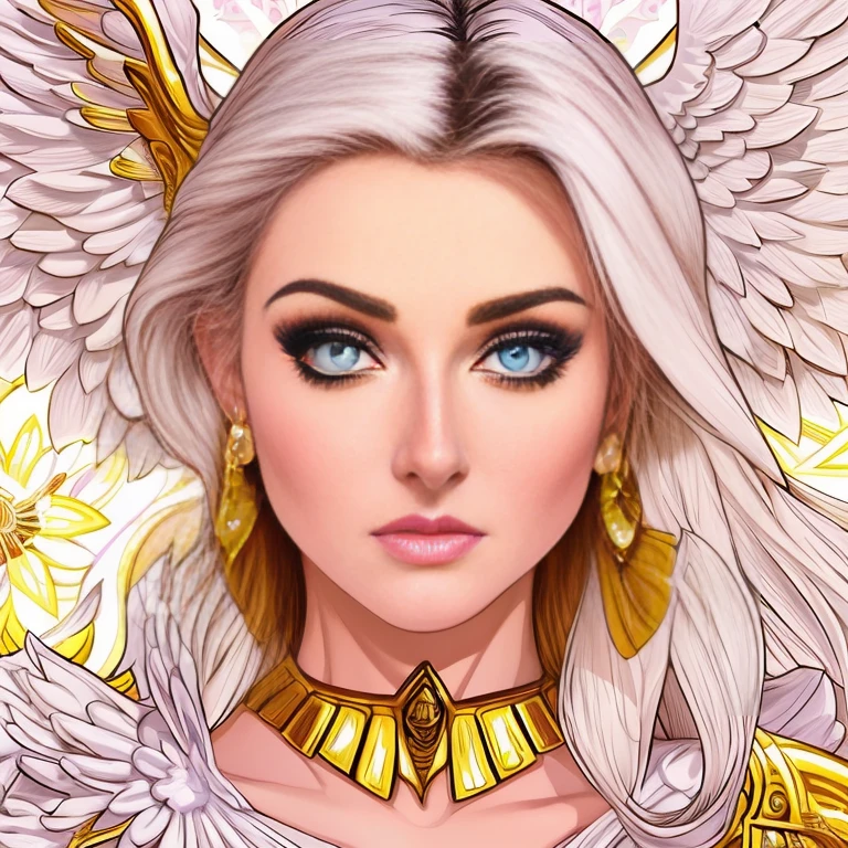 comics art,vivid colors,beautiful vintage angel warrior woman with very big big wings,beautiful face,corpo de frente para o observador,segurando uma espada na frente do corpo,white dress with gold embroid details,little breasts, (determined face expression,flowery background,vivid colors,soft lighting)
