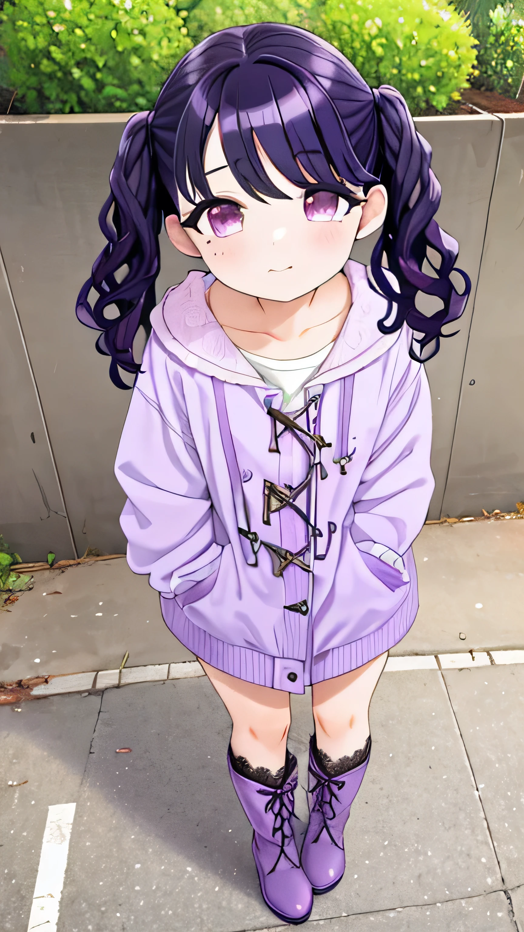 ,full body,lace up boots,fukumaru koito, medium hair, black hair, twintails, purple eyes,(((purple black hair:1.3)))