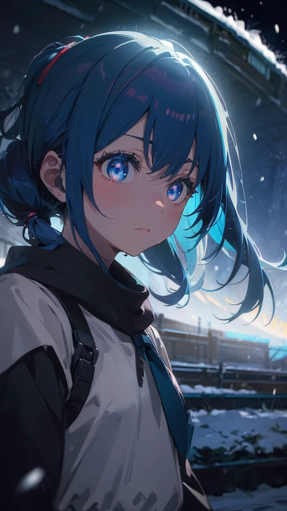 (masterpiece、highest quality)、1 girl ,Grim expression、hatsunemiku,Warm lighting、 Blurred foreground、night、High Contrast、Twin tails,blue gem eyes,Blue Hair,night,snowing,Heavy snowfall,winter,Alone in the vast snowy field,whole body,curse,Looking at me,Huge construction,moon,whole body,shine,bright,Sad expression,whole body,sad face,legs