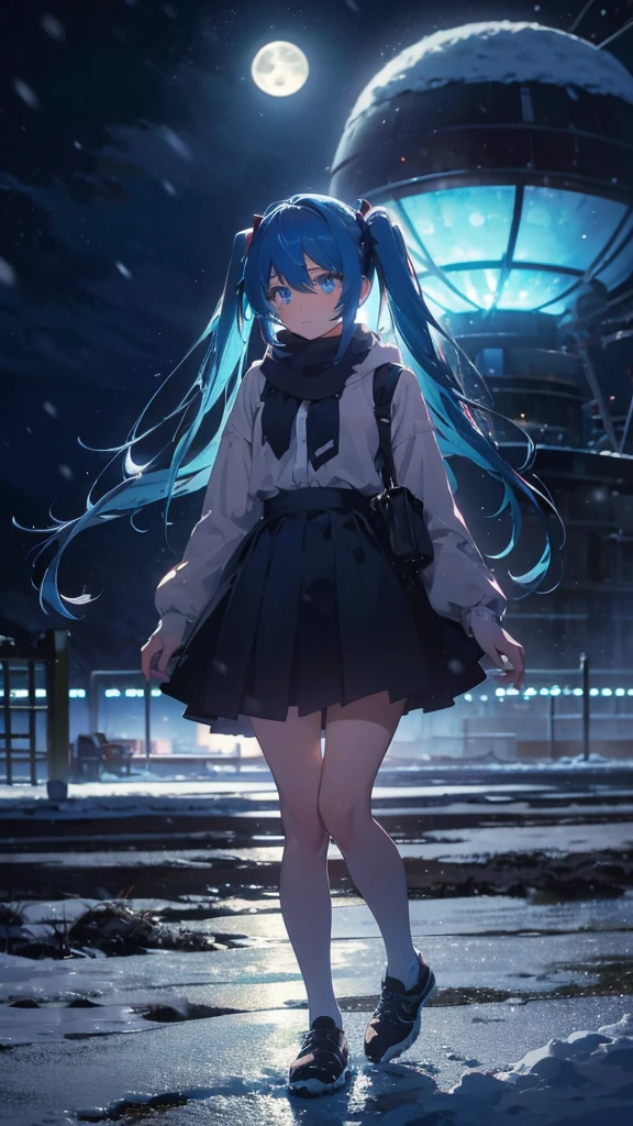 (masterpiece、highest quality)、1 girl ,Grim expression、hatsunemiku,Warm lighting、 Blurred foreground、night、High Contrast、Twin tails,blue gem eyes,Blue Hair,night,snowing,Heavy snowfall,winter,Alone in the vast snowy field,whole body,curse,Looking at me,Huge construction,moon,whole body,shine,bright,Sad expression,whole body,sad face,legs