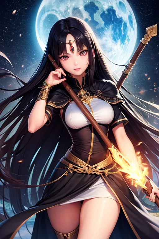 Fantasy sorceress, Italian features, 22 years old, very long black hair, holds a long stick, with orbs