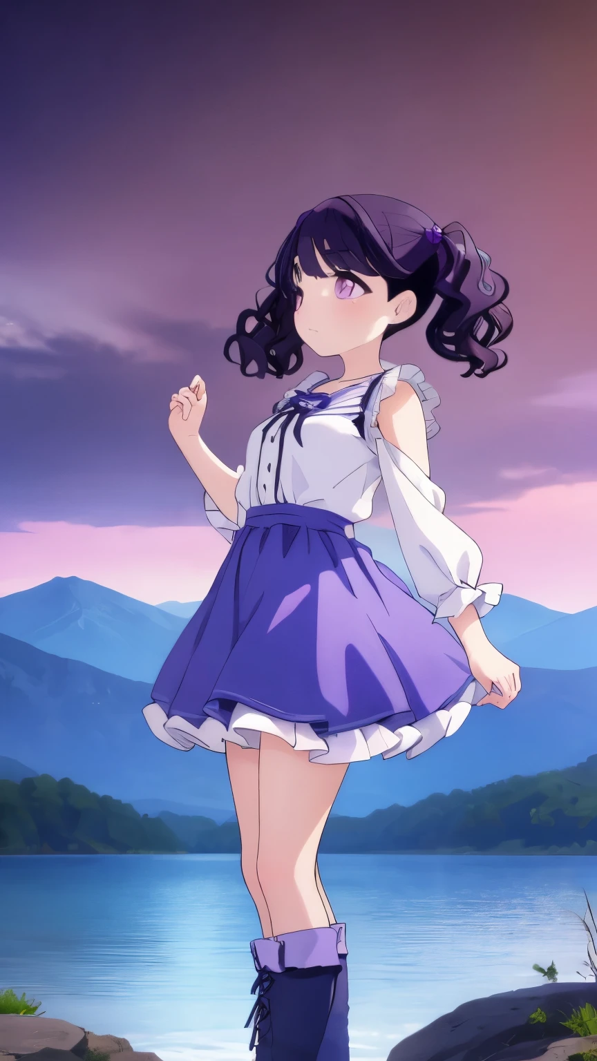 Stanging leaning forward,full body,cross dressing,lace up boots,shoot from side,(looking away:1.2),fukumaru koito, medium hair, black hair, twintails, purple eyes,lake(((purple black hair:1.3)))