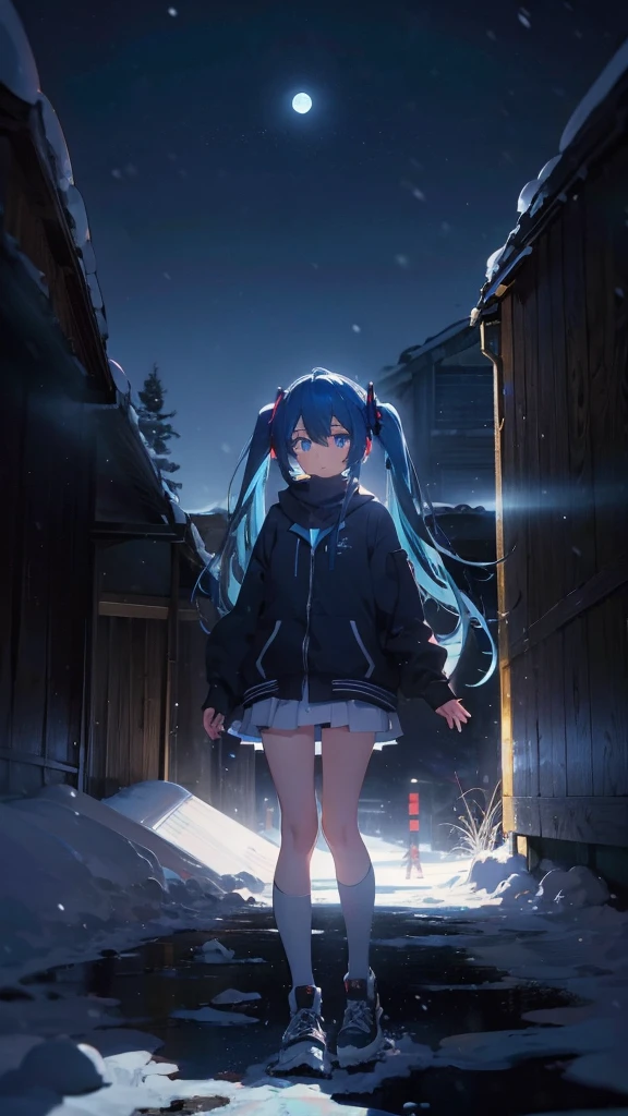 (masterpiece、highest quality)、1 girl ,Grim expression、hatsunemiku,Warm lighting、 Blurred foreground、night、High Contrast、Twin tails,blue gem eyes,Blue Hair,night,snowing,Heavy snowfall,winter,Alone in the vast snowy field,whole body,curse,Looking at me,Huge construction,moon,whole body,shine,bright,Sad expression,whole body,sad face,legs