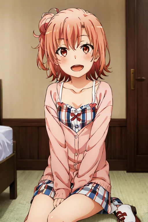 ((highest quality)), ((masterpiece)), (be familiar with), Perfect Face, indoor, Bedroom, Watching the audience,
One woman, Yuigahama Yui,
Open Mouth, Ecstatic expression, blush, smile,
Small breasts, Flat Chest, Young Girl, , , Girl,
Short Hair, Salmon-colored hair, Salmon-colored eyes, Side Pony,
Leg spread,