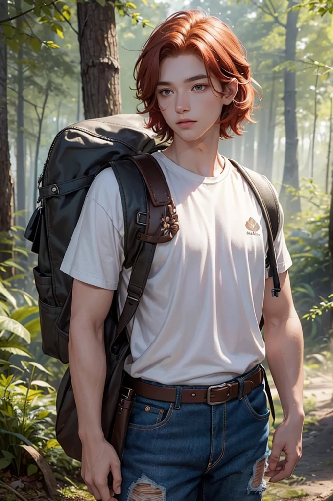 Young redheaded boy, short wavy hair, effeminate face, in the forest, drawing in a notebook, backpack and raccoon tail attached to his belt, modern clothing, torn denim pants, t-shirt, flower, light, sun, detailed face, brown eyes, detailed hair, detailed eyes, raccoon ear, raccoon tail.
