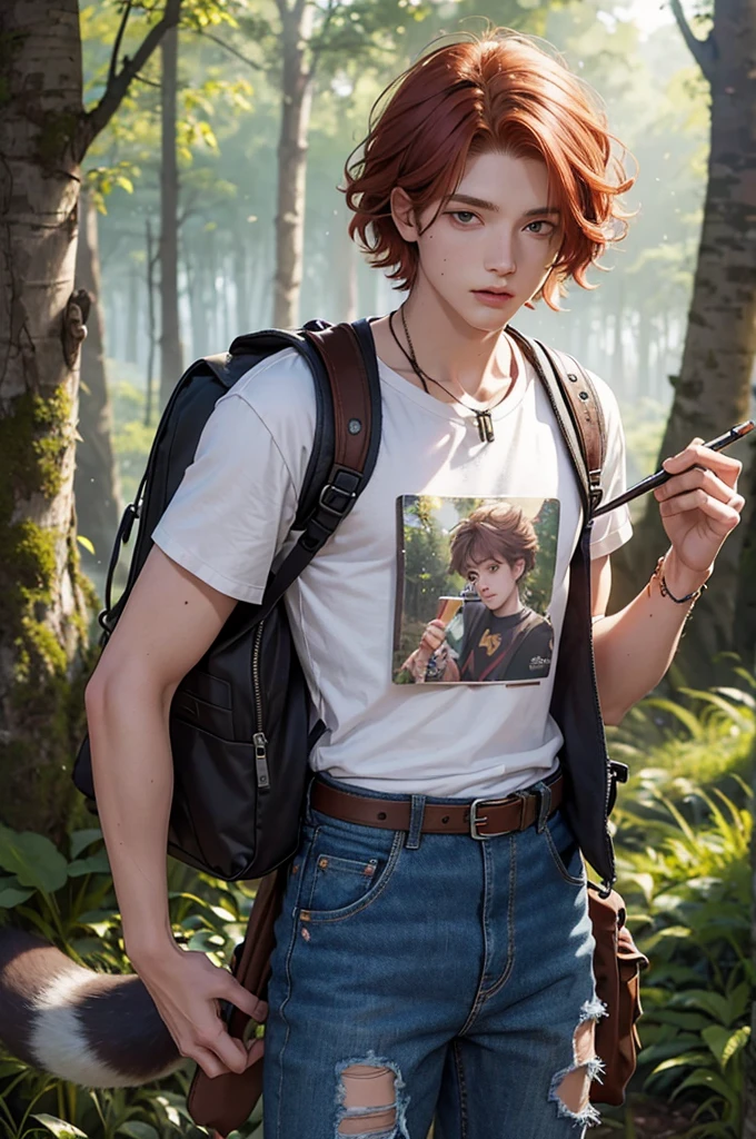 Young redheaded boy, short wavy hair, effeminate face, in the forest, drawing in a notebook, backpack and raccoon tail attached to his belt, modern clothing, torn denim pants, t-shirt, flower, light, sun, detailed face, brown eyes, detailed hair, detailed eyes, raccoon ear, raccoon tail.