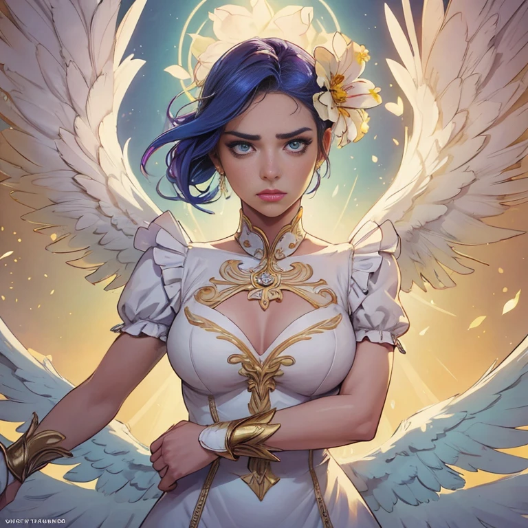 comics art,vivid colors,beautiful vintage angel warrior woman with very big big wings,beautiful face,corpo de frente para o observador,segurando uma espada na frente do corpo,white dress with gold embroid details,little breasts, (determined face expression,flowery background,vivid colors,soft lighting)