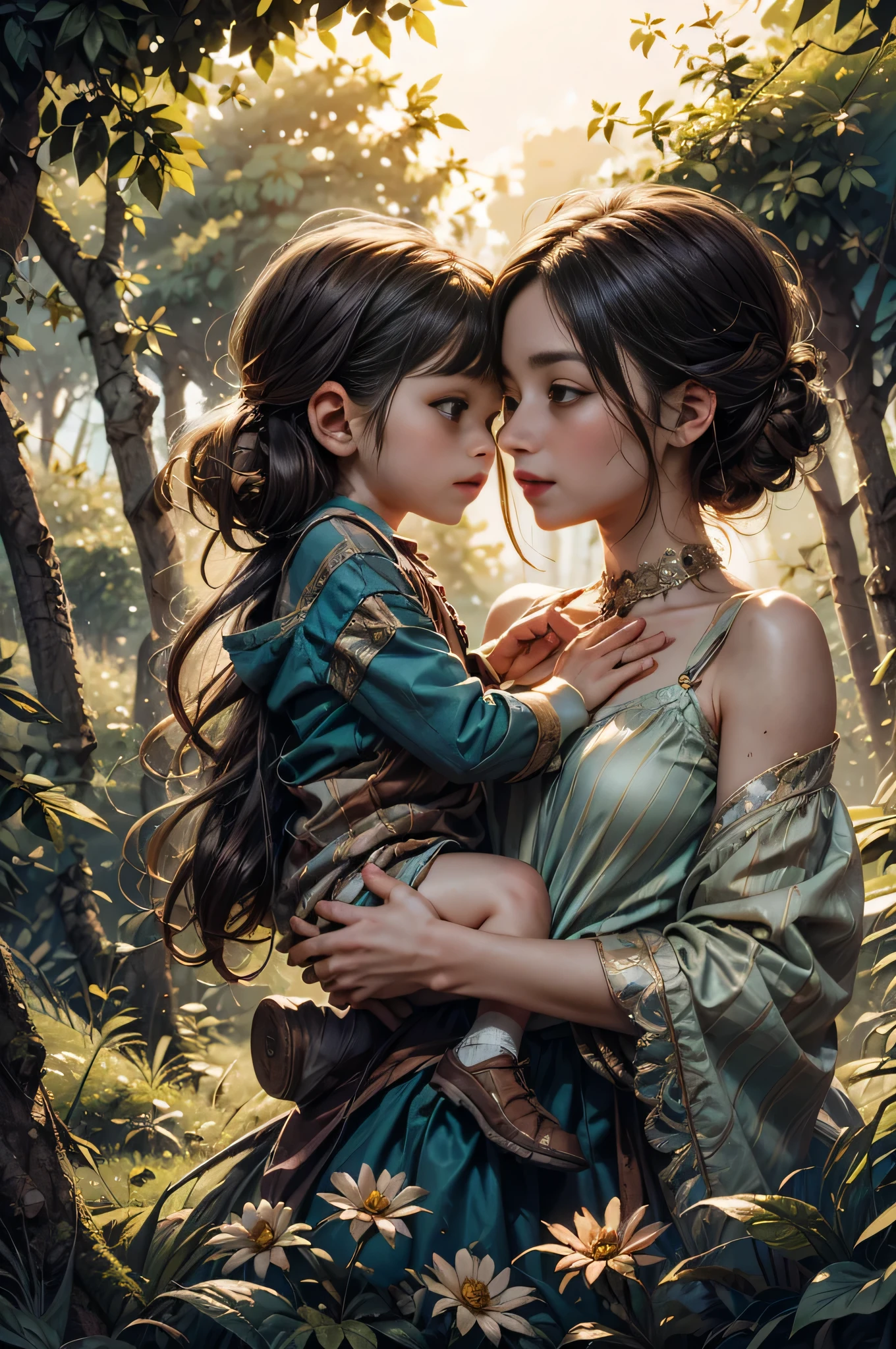 exquisite details, surreal atmosphere, ethereal beauty, vibrant colors, soft lighting, fantasy theme, mystical presence, delicate foliage, 1 beautiful old woman and her granddaughter, loose hair, intricate patterns, dreamlike quality, captivating look, flat illustration