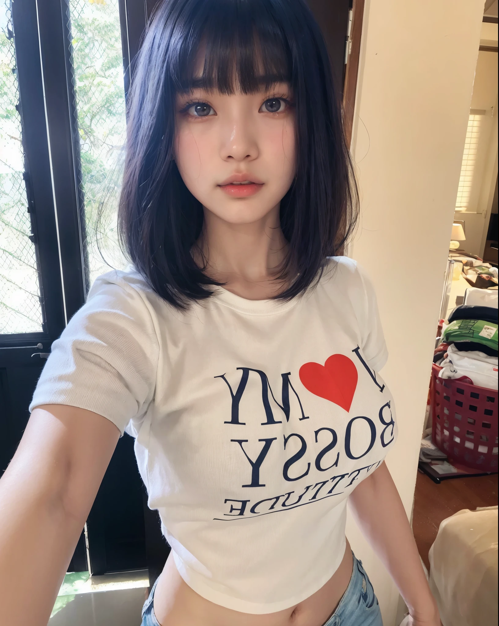 arafed asian woman with a white shirt and blue shorts, lalisa manobal, 18 years old, young cute wan asian face, with bangs, gemma chan beautiful girl, 1 8 yo, gorgeous chinese model, gorgeous young korean woman, beautiful asian girl, ayami koj ima, instagram model, neat hair with bangs, young asian girl