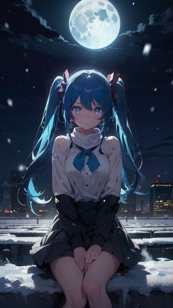 (masterpiece、highest quality)、1 girl ,Grim expression、hatsunemiku,Warm lighting、 Blurred foreground、night、High Contrast、Twin tails,blue gem eyes,Blue Hair,night,snowing,Heavy snowfall,winter,Alone in the vast snowy field,whole body,curse,Looking at me,Huge construction,moon,whole body,shine,bright,Sad expression,whole body,sad face,legs