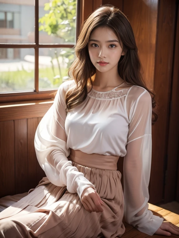 8k, highest quality, masterpiece, Ultra-high resolution, (realism: 1.4), Original photo, (Realistic skin texture: 1.3), (Film Grain: 1.3), (Selfie angle), 1 girl, Beautiful eyes and facial details, masterpiece, highest quality, close, Upper Body, Looking at the audience、Very thin body, ((Chiffon long skirt、Chiffon blouse:1.3)) 、