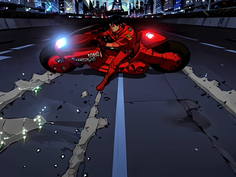 masterpiece,high quality, (((Akira movie scene)))
kanedabike,(((Turn on the lights)))
 road路センターライン上、Coming from the front、Light turns on、

,MotorcycleOne Boy,alone,
Black Hair,goggles,Jacket,gloves,boots,
city,road,cityscape,building,street,night,city lights,