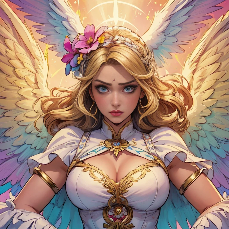 comics art,vivid colors,beautiful vintage angel warrior woman with very big big wings,beautiful face,corpo de frente para o observador,segurando uma espada na frente do corpo,white dress with gold embroid details,little breasts, (determined face expression,flowery background,vivid colors,soft lighting)