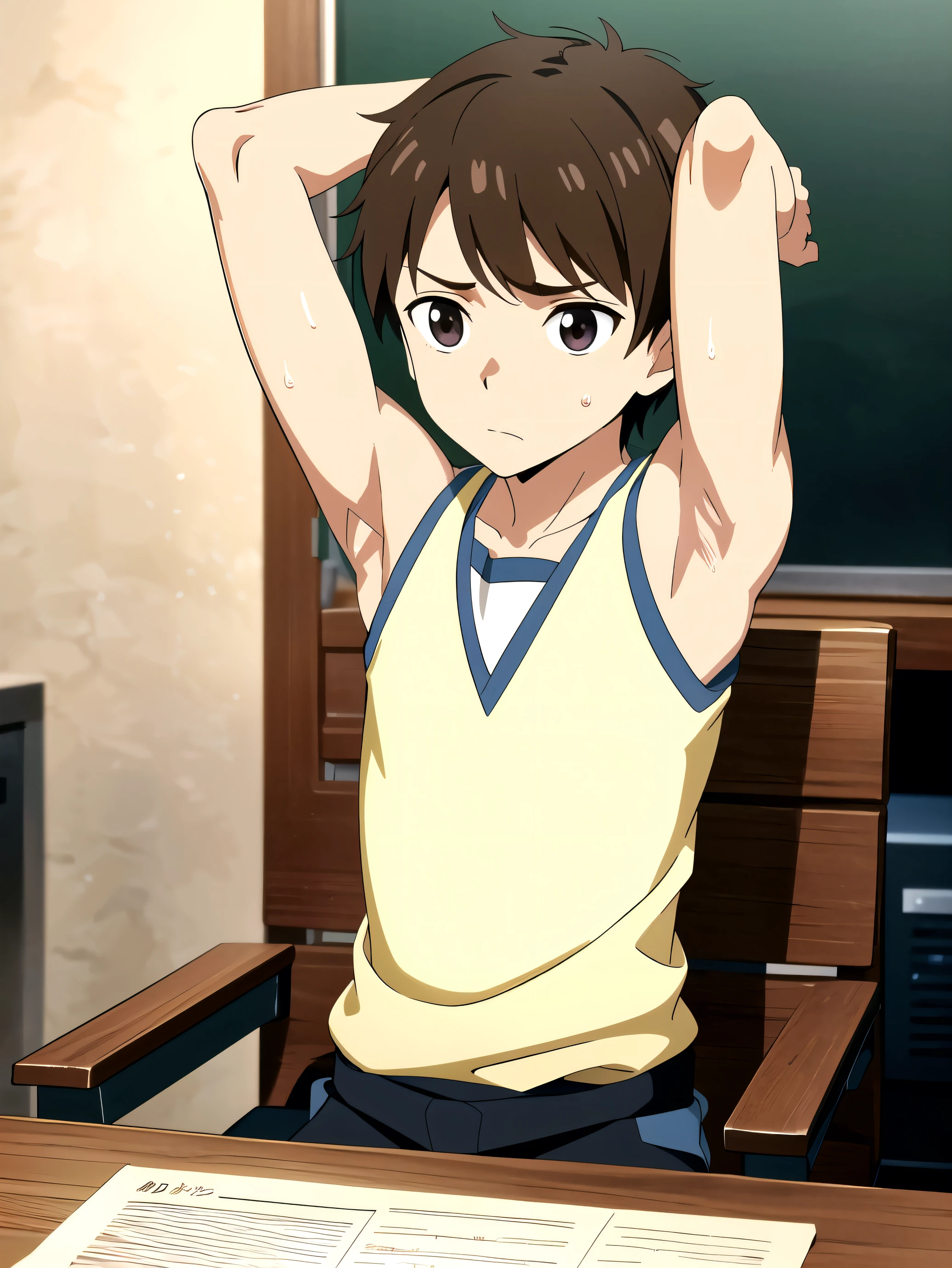 Highres, Masterpiece, Best quality at best,Best Quality,hight quality, hight detailed, 1boy, Brown hair, messy hair, (Side bangs), Shota, Sweat, Sleeveless jacket, upper body, Depth of field, Anime Screencap Style, thin line, Seen from front, Sitting on the chair, Show abs, Cute boy, (Showing armpit:1.3), (very small and short stature), (very young boy), s, Blurry beckground