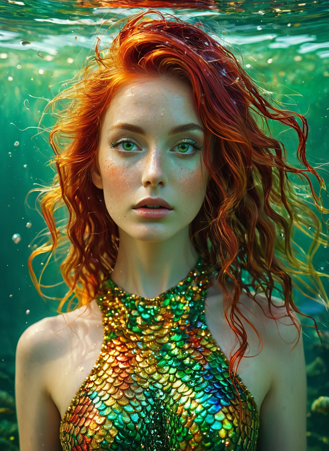 Frontal portrait of an extravagant and colorful woman who resembles a mermaid. Fair skin, young features, wide-open eyes and delicate freckles on the nose and cheeks. Vibrant, gravity-defying hair in shades of gold, green and red. Her hair transforms into aquatic flora, creating an underwater illusion. Small particles floating around the head contribute to the surreal theme of mysterious contemplation. professional color grading, soft shadows, no contrast, clean and sharp focus, film photography –q 2 –s 750; in the style of Andrew Atroshenko, Peter Gric, in neon colors, official art, best quality, highly detailed, dynamic, shiny, metallic, energy waves, explosions, lights.