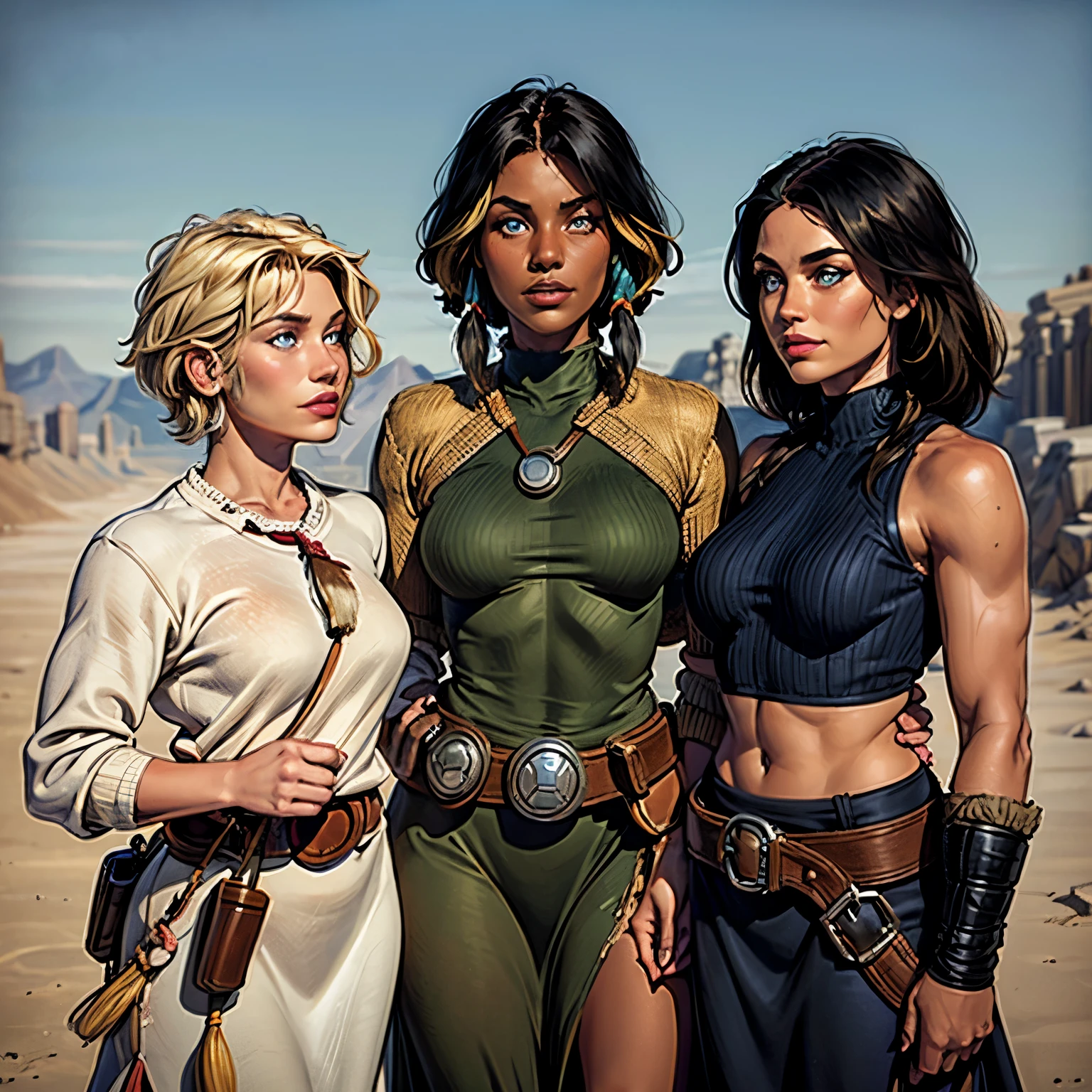 3 women, an photograph of three women smiling at eachother. The first is a female gun slinger with pixie cut dark hair. The second is a ((native american woman with dark skin)), long flowing black hair, dark skin. The third is a blonde, medium length, with blue eyes and chubby cheeks.
