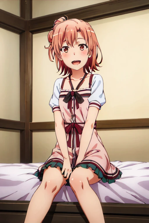 ((highest quality)), ((masterpiece)), (be familiar with), Perfect Face, indoor, Bedroom, Watching the audience,
One woman, Yuigahama Yui,
Open Mouth, Ecstatic expression, blush, smile,
Small breasts, Flat Chest, Young Girl, , , Girl,
Short Hair, Salmon-colored hair, Salmon-colored eyes, Side Pony,
Leg spread,