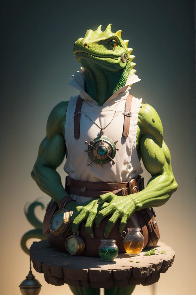 ((melhor qualidade)), ((realista)) (detalhado: 1.4) Create high-definition digital art of a magical green lizard wearing an alchemist costume, with clothes richly decorated with alchemical symbols and an apron full of jars and scientific instruments, representando sua busca pelo conhecimento e pela magia, 3D rendering , Beeple e Tim Hildebrandt, Obra-prima de Artgem e Beeple, Realismo | Bipe, Estilo Beeple, em estilo de bipe