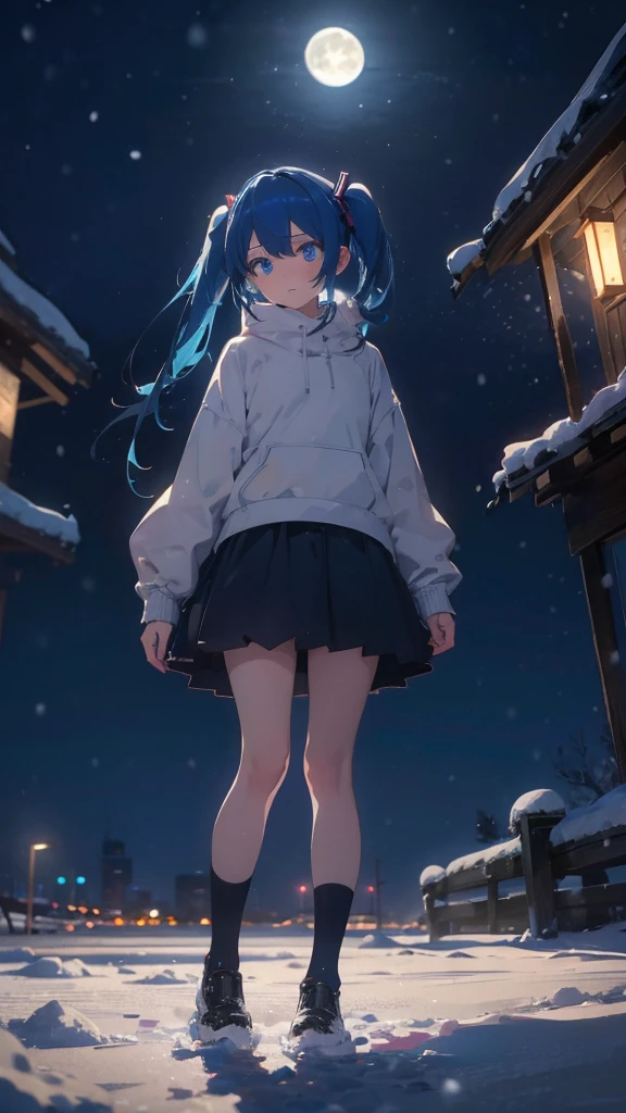 (masterpiece、highest quality)、1 girl ,Grim expression、hatsunemiku,Warm lighting、 Blurred foreground、night、High Contrast、Twin tails,blue gem eyes,Blue Hair,night,snowing,Heavy snowfall,winter,Alone in the vast snowy field,whole body,curse,Looking at me,Huge construction,moon,whole body,shine,bright,Sad expression,whole body,sad face,legs