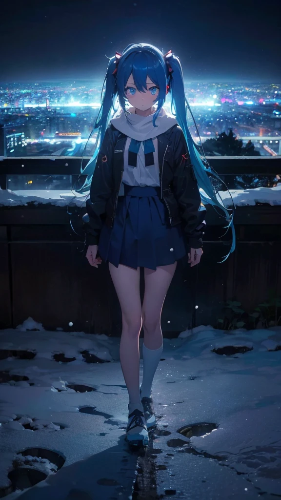 (masterpiece、highest quality)、1 girl ,Grim expression、hatsunemiku,Warm lighting、 Blurred foreground、night、High Contrast、Twin tails,blue gem eyes,Blue Hair,night,snowing,Heavy snowfall,winter,Alone in the vast snowy field,whole body,curse,Looking at me,Huge construction,moon,whole body,shine,bright,Sad expression,whole body,sad face,legs