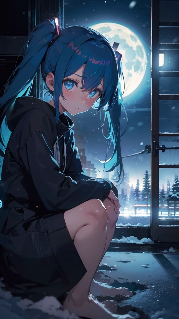 (masterpiece、highest quality)、1 girl ,Grim expression、hatsunemiku,Warm lighting、 Blurred foreground、night、High Contrast、Twin tails,blue gem eyes,Blue Hair,night,snowing,Heavy snowfall,winter,Alone in the vast snowy field,whole body,curse,Looking at me,Huge construction,moon,whole body,shine,bright,Sad expression,whole body,sad face,legs
