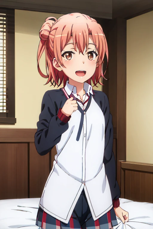 ((highest quality)), ((masterpiece)), (be familiar with), Perfect Face, indoor, Bedroom, Watching the audience,
One woman, Yuigahama Yui,
Open Mouth, Ecstatic expression, blush, smile,
Small breasts, Flat Chest, Young Girl, , , Girl,
Short Hair, Salmon-colored hair, Salmon-colored eyes, Side Pony,
Leg spread,