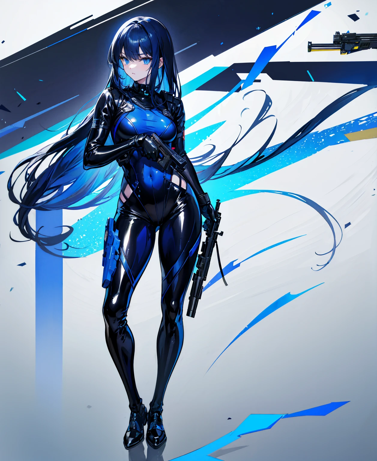 There is no background,girl,Carry a firearm,Patent leather tight suit,Use of firearms,Navy blue long hair,attention arousal,Blue colored eyes,No gradients