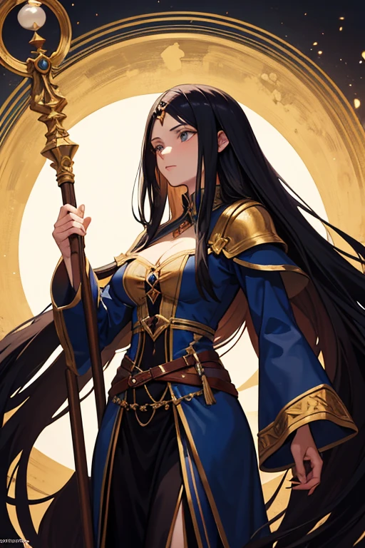 European medieval fantasy sorceress, Italian features, 22 years old, very long black hair, holds a long stick, with orbs