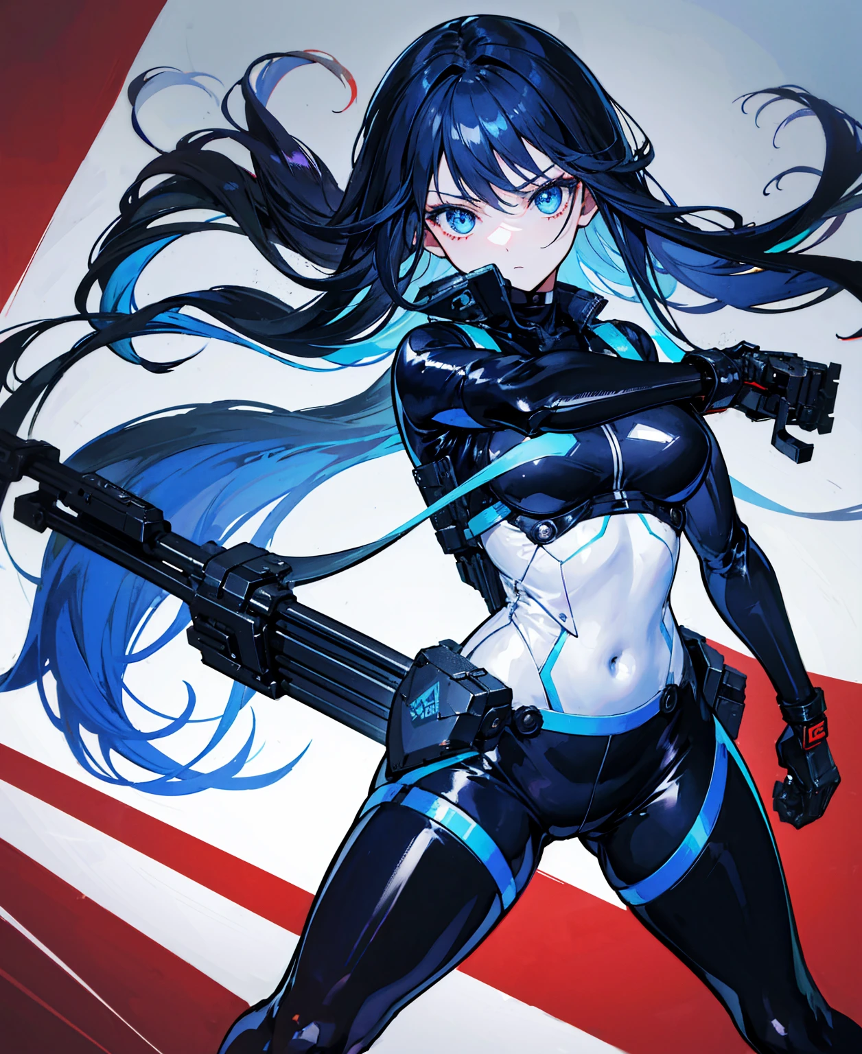 There is no background，girl，Carry a firearm，Patent leather tight suit，Use of firearms，Navy blue long hair，attention arousal，Blue colored eyes,No gradients
