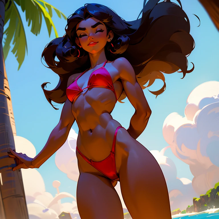 Brunette girl, young, 25 years old, dark brown hair, curls, long, muscular, chocolate skin, face to the side, closed eyes, long eyelashes, wide eyebrows, round nose, smiling, wide, red lips. from the front, seen from below, without clothes, in a small string bikini, light green, medium and round breasts, small waist, wide hips, thick, big and soft thighs, tanned, from the front, with her arms at her sides, with her hands taking the strings of her bikini bottom (panty) bright blue sky. super detailed face, beautiful face, full HD, 8K, CINEMATOGRAPHIC LIGHTS, sexy, ebony, high quality portrait.