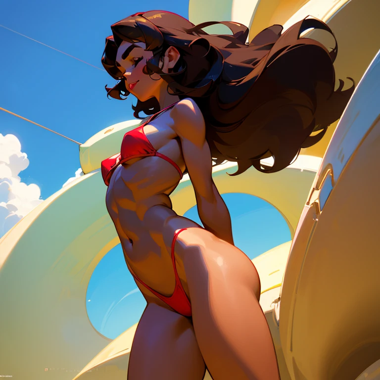 Brunette girl, young, 25 years old, dark brown hair, curls, long, muscular, chocolate skin, face to the side, closed eyes, long eyelashes, wide eyebrows, round nose, smiling, wide, red lips. from the front, seen from below, without clothes, in a small string bikini, light green, medium and round breasts, small waist, wide hips, thick, big and soft thighs, tanned, from the front, with her arms at her sides, with her hands taking the strings of her bikini bottom (panty) bright blue sky. super detailed face, beautiful face, full HD, 8K, CINEMATOGRAPHIC LIGHTS, sexy, ebony, high quality portrait.