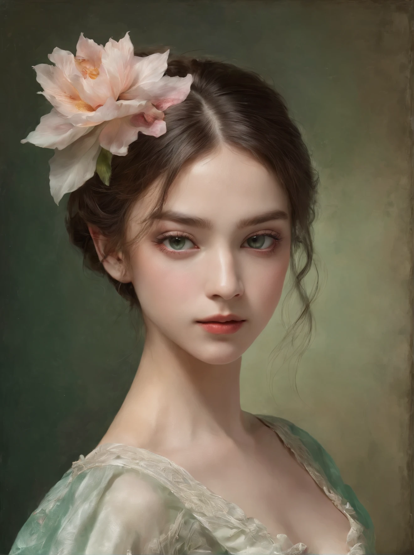 (highres,masterpiece:1.2),(realistic:1.37)"(best quality, highres, ultra-detailed, realistic),beautiful 19th-century portrait of a 16-year-old French ballet dancer, (She is half French and half Japanese, and is a stunning beauty with dark green eyes and a high nose:1.1), elaborate ballet costume, detailed facial features, long graceful neck, flowing locks of hair, poised and elegant posture, soft and delicate lighting, classic oil painting medium, vibrant colors, subtle background with floral motifs", dreamy atmosphere, Surrealism, mystical aura