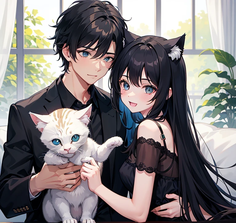 A couple, 1boy_1girl, 1_cute_kitten, play_with_kitten laugh, kitten, Black hairdled girl, happy_atmosphere, jade haired boy, romantic