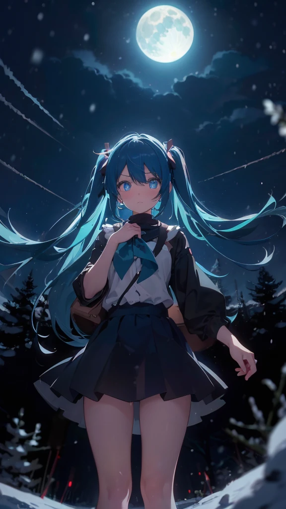 (masterpiece、highest quality)、1 girl ,Grim expression、hatsunemiku,Warm lighting、 Blurred foreground、night、High Contrast、Twin tails,blue gem eyes,Blue Hair,night,snowing,Heavy snowfall,winter,Alone in the vast snowy field,whole body,curse,Looking at me,Huge construction,moon,whole body,shine,bright,Sad expression,whole body,sad face,legs,Huge structures