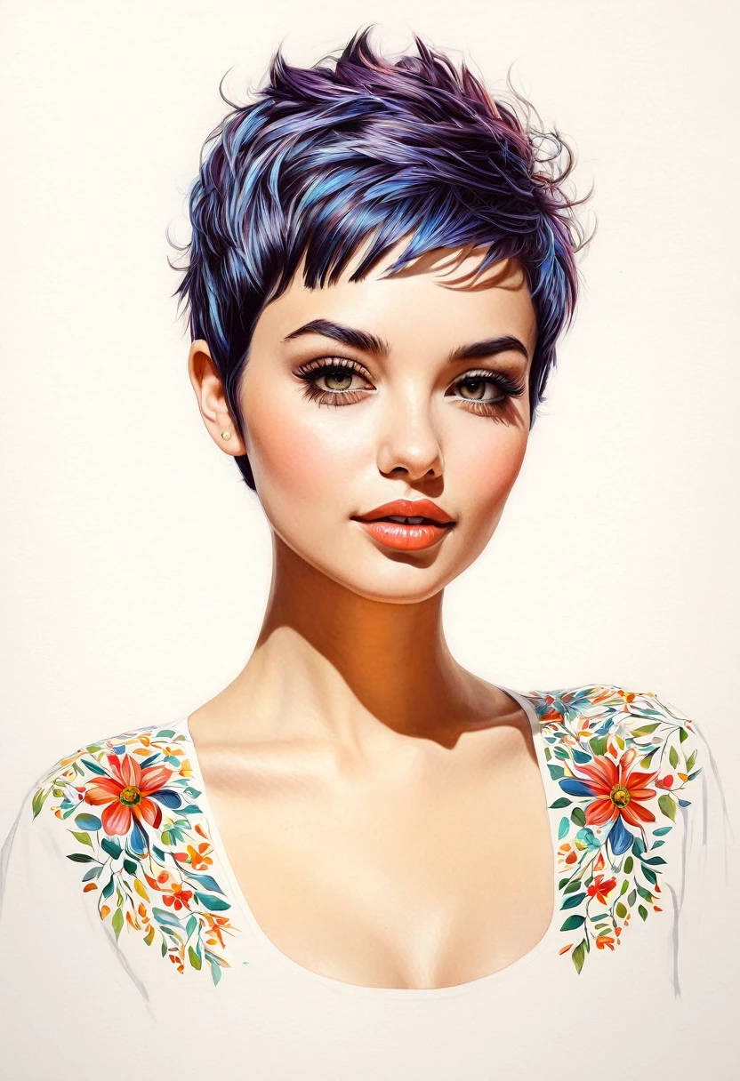 crea una mujer de pelo corto pixie, flores, obra maestra, estilo ilustracion de Ali Erturk, alto detalle, hiperrealista, luz natural,ilustracion , colores llamativos
